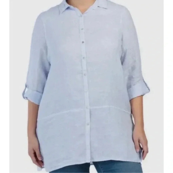 Tahari Shirt Women’s Linen Longline Striped Button Down Tunic Costal minimalist - Picture 1 of 5